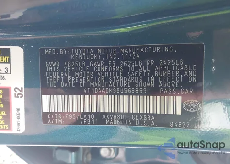 2025 Toyota Camry Xle z USA, uszkodzony, nr VIN 4T1DAACK9SU566859